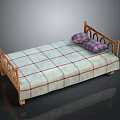 Wooden Bed Frame With Carved Headboard Plaid Bedspread And Purple Plaid Pillows