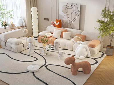 Modern Sofa and Coffee Table Set With Beige Throw Pillows Area Rug and Decorative Accents 3d model