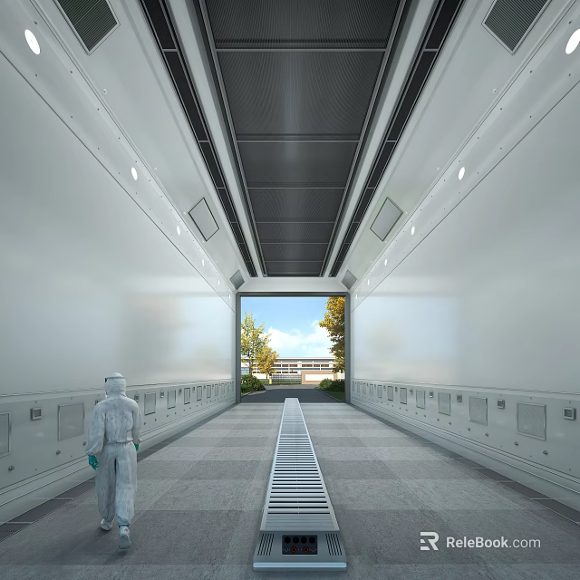Person in Protective Suit in Long White Corridor With Side Equipment End Window and Green Trees 3d model 