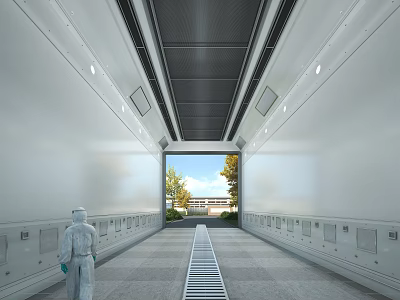 Person in Protective Suit in Long White Corridor With Side Equipment End Window and Green Trees 3d model