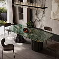Modern Restaurant Dining Interior With Glass Top Table Green Plant Stone Wall And Chandelier