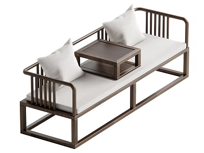 Minimalist Wooden Daybed With White Cushions Pillows And Small Table 3d model