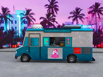 Strawberry Ice Cream Truck With Palm Trees And Neon Lights In Pink Purple Sky 3d model