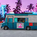 Strawberry Ice Cream Truck With Palm Trees And Neon Lights In Pink Purple Sky
