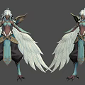 Fantasy Game Character With White Hair Large Wings Blue Brown Outfit And Golden Decorations