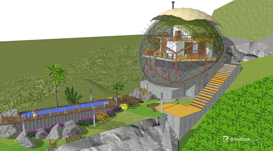 Modern Spherical Detached Villa with Swimming Pool and Lush Greenery on Hillside 3d model 