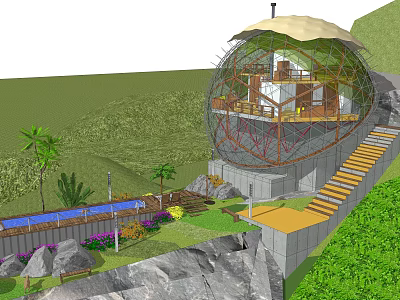 Modern Spherical Detached Villa with Swimming Pool and Lush Greenery on Hillside 3d model