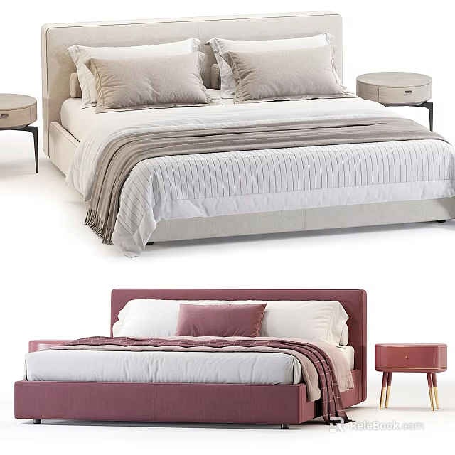 Modern Double Bed Designs With Beige Pink Headboards Striped Bedding And Nightstands 3d model 