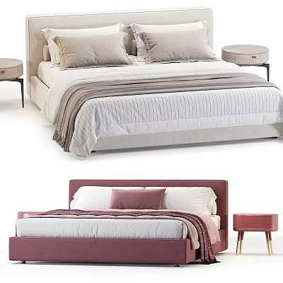 Modern Double Bed Designs With Beige Pink Headboards Striped Bedding And Nightstands 3d model
