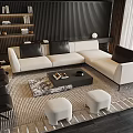 Modern Sofa Coffee Table Interior With Black Cushions And Ottomans On Patterned Rug 3d model