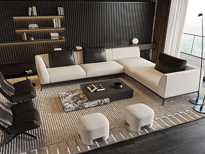 Modern Sofa Coffee Table Interior With Black Cushions And Ottomans On Patterned Rug 3d model