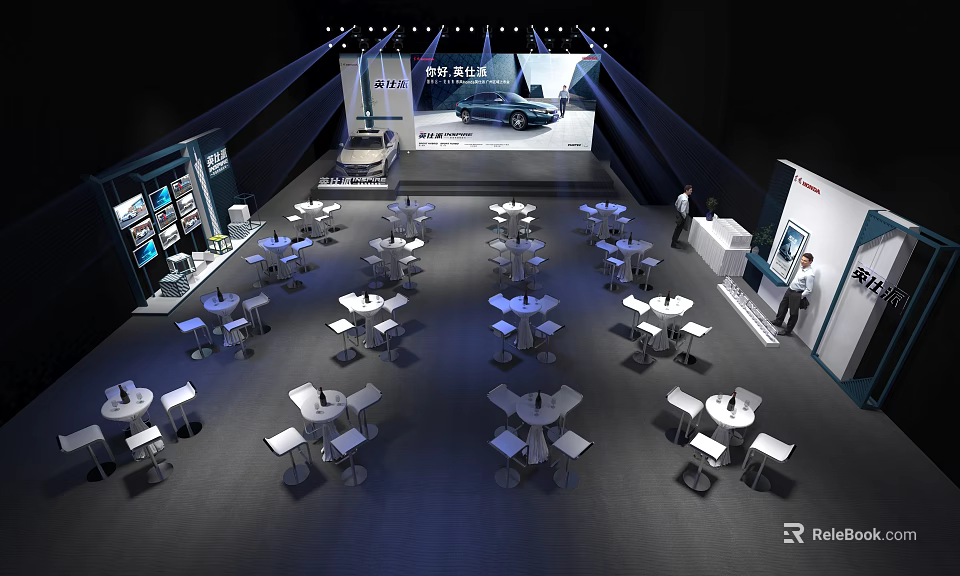Modern Auto Show Stage With Large Screen Car Display And Audience Tables Under Lighting 3d model 