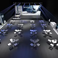 Modern Auto Show Stage With Large Screen Car Display And Audience Tables Under Lighting