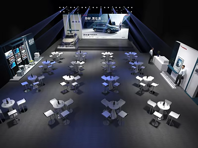 Modern Auto Show Stage With Large Screen Car Display And Audience Tables Under Lighting 3d model