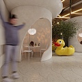 Cream style dessert shop micro-cement shaped ceiling small yellow duck figure green plant 3d model