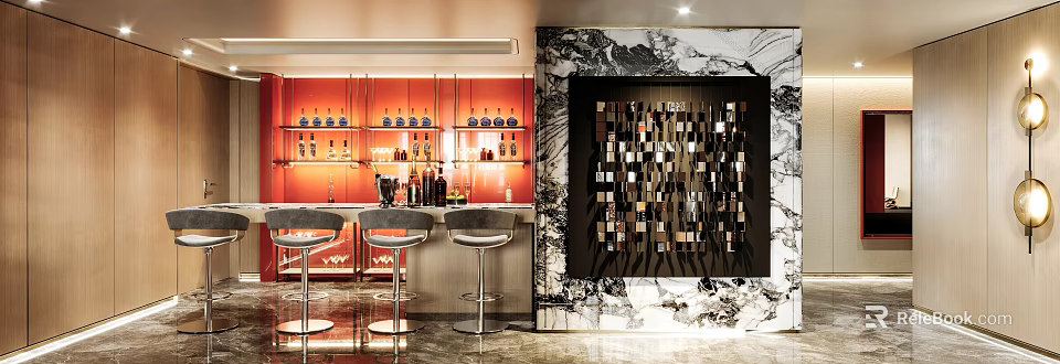 Elegant Hotel Room Interior With Red Wine Rack Bar Counter Marble Wall And Bar Stools 3d model 