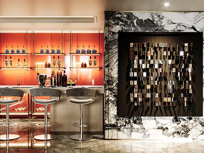 Elegant Hotel Room Interior With Red Wine Rack Bar Counter Marble Wall And Bar Stools 3d model