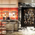 Elegant Hotel Room Interior With Red Wine Rack Bar Counter Marble Wall And Bar Stools