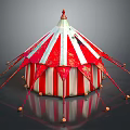 Red and White Striped Circus Style Tent With Pointed Top Support Ropes And Decorative Balls