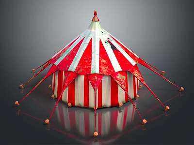 Red and White Striped Circus Style Tent With Pointed Top Support Ropes And Decorative Balls 3d model