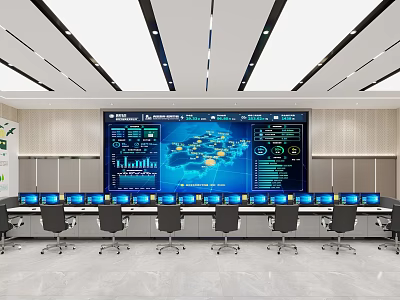 Modern Monitoring Room Interior With Large Display Screen Data Charts And Monitor Consoles 3d model
