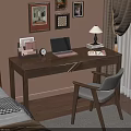 Cozy Bedroom Wooden Desk With Laptop Lamp Books Picture Frames And Clock