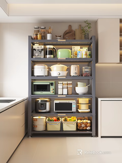 Practical Kitchen Shelf With Multiple Layers Holding Cooking Tools Containers And Vegetables 3d model 