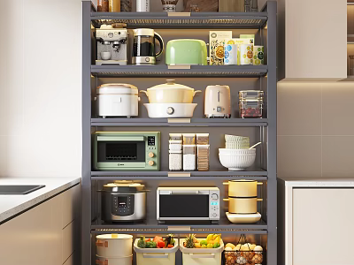 Practical Kitchen Shelf With Multiple Layers Holding Cooking Tools Containers And Vegetables 3d model