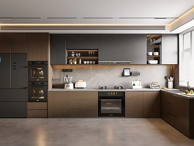 Modern Kitchen With Dark Cabinets Marble Countertops And Stainless Steel Appliances 3d model
