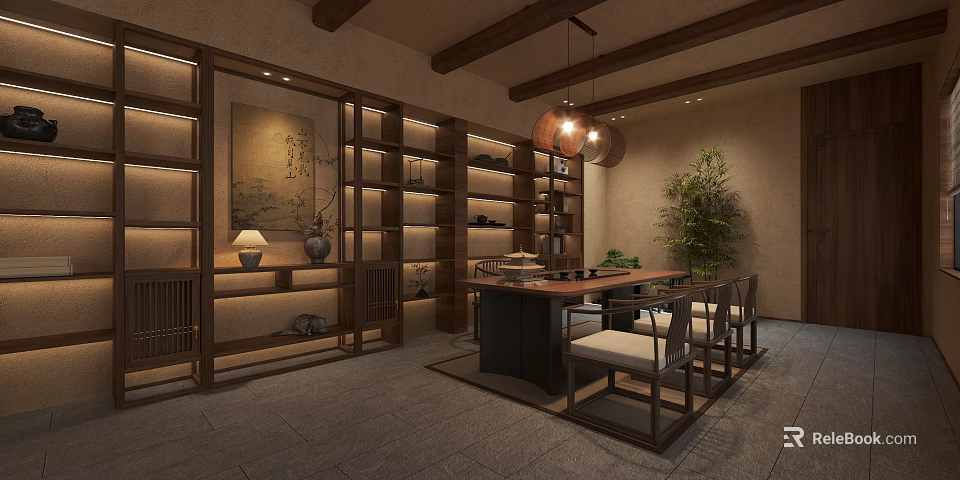 Elegant Chinese Style Room With Wooden Shelves Table Chairs Pendant Lights And Green Plant 3d model 