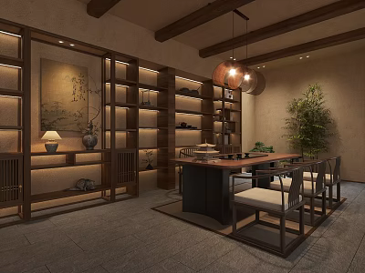 Elegant Chinese Style Room With Wooden Shelves Table Chairs Pendant Lights And Green Plant 3d model