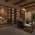 Elegant Chinese Style Room With Wooden Shelves Table Chairs Pendant Lights And Green Plant