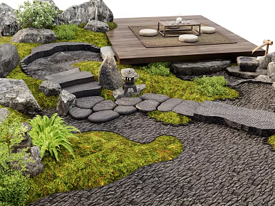 Zen Garden Design With Stone Path Wooden Platform And Green Plants 3d model