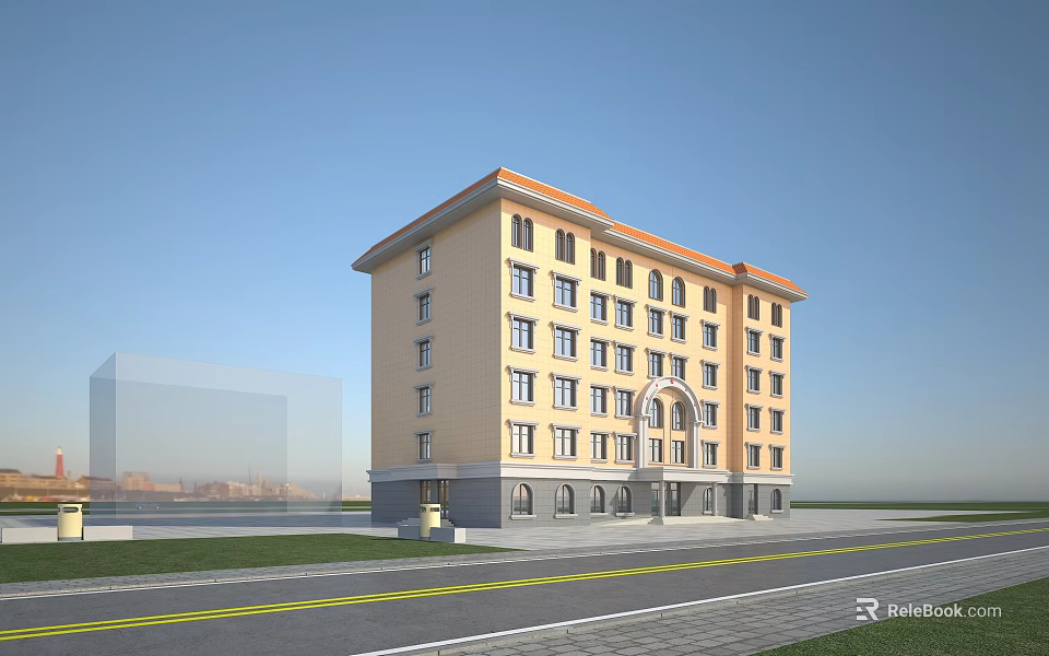 Yellow Exterior Multi Story Office Building With Orange Roof And Arched Porch 3d model 
