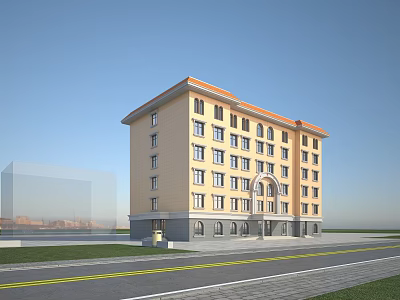 Yellow Exterior Multi Story Office Building With Orange Roof And Arched Porch 3d model