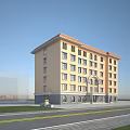 Yellow Exterior Multi Story Office Building With Orange Roof And Arched Porch