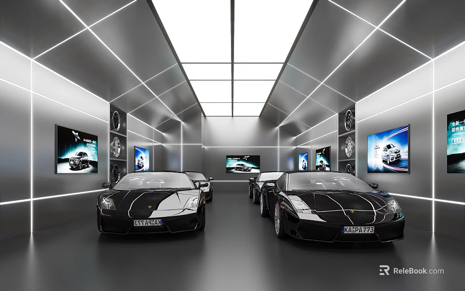 Modern Car Showroom Featuring Luxury Black Sports Cars With Sleek Design And Display Screens 3d model 