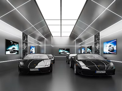 Modern Car Showroom Featuring Luxury Black Sports Cars With Sleek Design And Display Screens 3d model