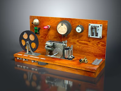 Vintage Wooden Panel Mechanical Device With Gauges Knobs Reel And Metal Components 3d model