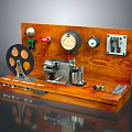 Vintage Wooden Panel Mechanical Device With Gauges Knobs Reel And Metal Components