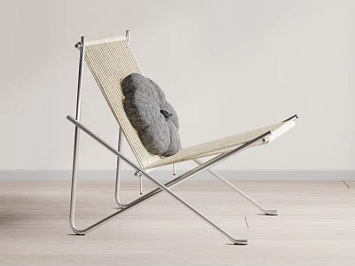 Modern Leisure Chair With Metal Frame Woven Seat And Gray Cushion 3d model
