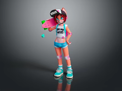 Stylish Cat Eared Character With Skateboard In White T Shirt Blue Shorts And Knee Pads 3d model