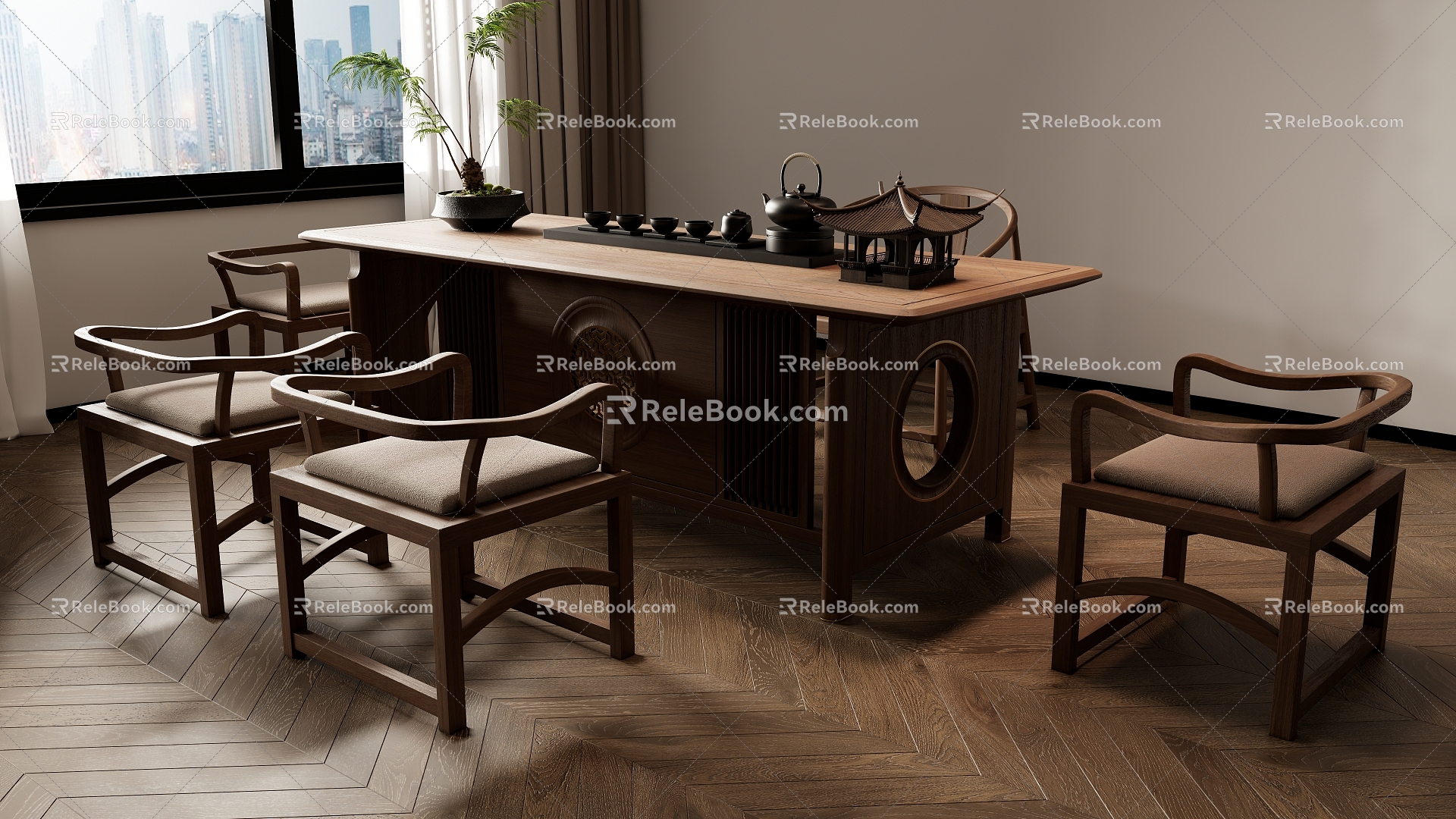 New Chinese Zen Tea Table and Chair Combination 3d model