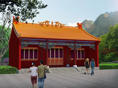 Ancient Architecture with Red Walls Yellow Roof Traditional Decorations Surrounded by Green Trees People Walking 3d model