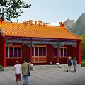 Ancient Architecture with Red Walls Yellow Roof Traditional Decorations Surrounded by Green Trees People Walking