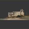 Cartoon Scenic Castle Model By Seaside With Grass Sand Rocks And Ancient Walls