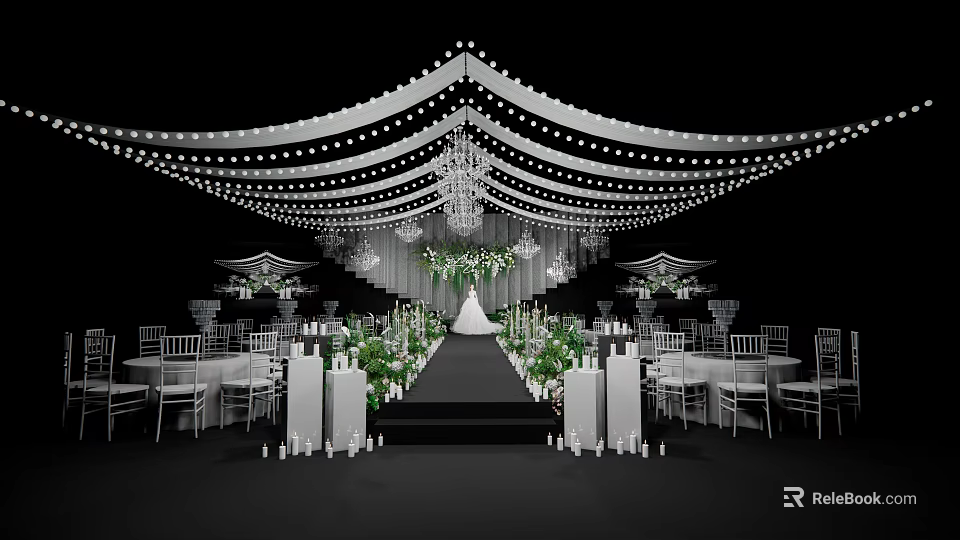 Wedding Banquet Hall With Decorative Lights Chandeliers Greenery Aisle And White Chairs 3d model 
