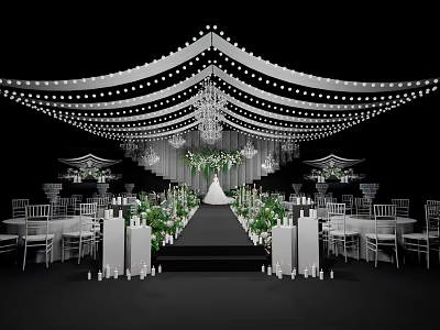 Wedding Banquet Hall With Decorative Lights Chandeliers Greenery Aisle And White Chairs 3d model