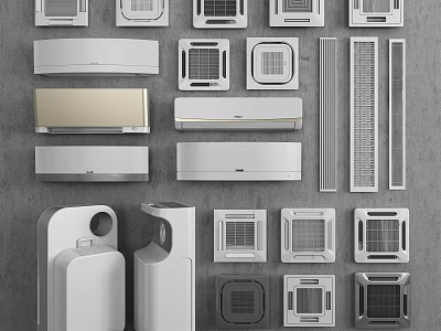 Different Types of Air Conditioner Fans Including Wall Mounted and Floor Standing Styles 3d model