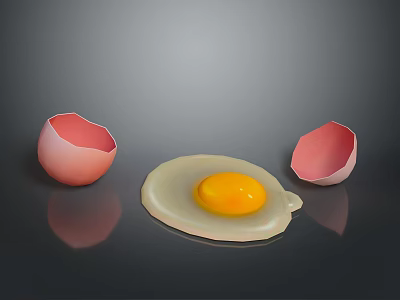 Fresh Fried Egg With Yolk And Broken Egg Shells On Dark Surface 3d model
